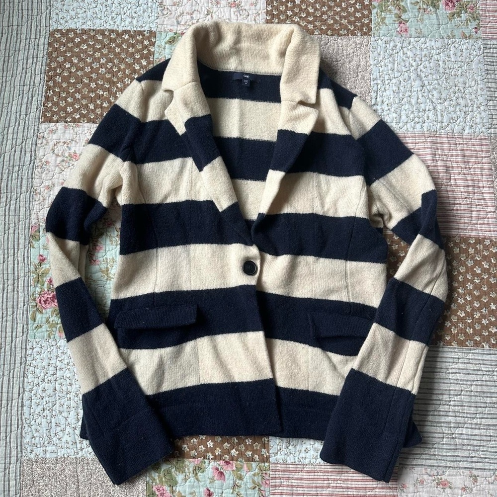 Gap 100% lamb's wool navy & white striped cardigan